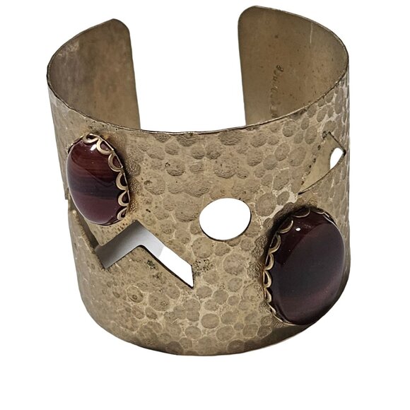 Vintage Hammered Copper Cuff Bracelet Red Stones Geometric Cutouts Boho Chic - Picture 1 of 7
